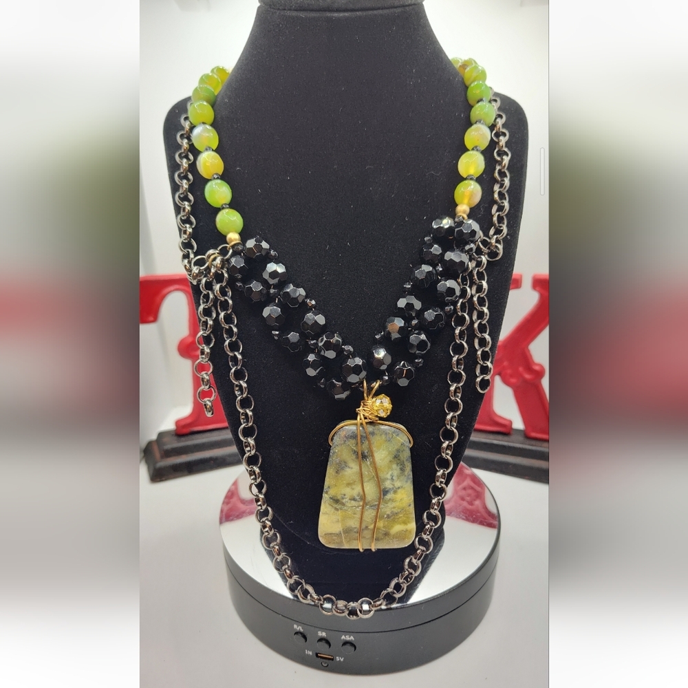 Artisan Green Stone & Black Crystal Necklace – 20" Wire Wrapped Pendant